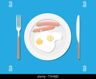Breakfast concept. Plate, fork and knife. Eggs and sausages. Vector illustration in flat style Stock Vector