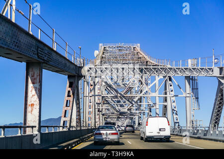 March 31, 2019 Richmond / CA / USA - Driving on Richmond - San Rafael bridge (John F. McCarthy Memorial Bridge), San Francisco bay, California Stock Photo