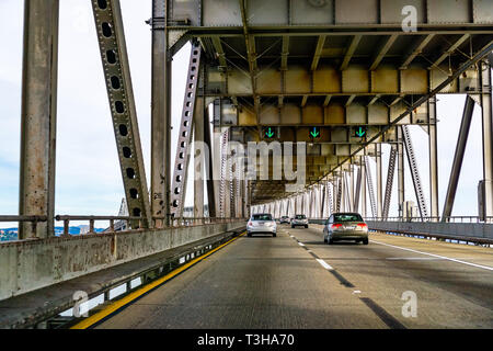 March 31, 2019 Richmond / CA / USA - Driving on Richmond - San Rafael bridge (John F. McCarthy Memorial Bridge), San Francisco bay, California Stock Photo