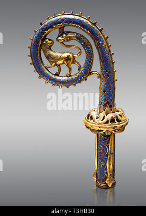 Medieval enamelled crosier with a lion and serpent, circa 12th century from Limoges, enamel on gold.  AD. Inv OA 7287, The Louvre Museum, Paris. Stock Photo