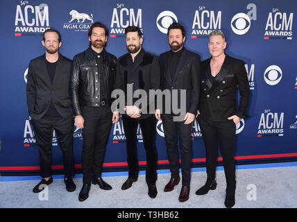 LAS VEGAS, CA - APRIL 07: (L-R) Whit Sellers, Geoff Sprung, Matthew Ramsey, Brad Tursi and Trevor Rosen of Old Dominion attend the 54th Academy Of Country Music Awards at MGM Grand Hotel & Casino on April 07, 2019 in Las Vegas, Nevada. Stock Photo