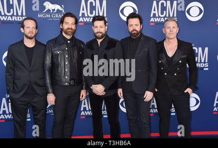 LAS VEGAS, CA - APRIL 07: (L-R) Whit Sellers, Geoff Sprung, Matthew Ramsey, Brad Tursi and Trevor Rosen of Old Dominion attend the 54th Academy Of Country Music Awards at MGM Grand Hotel & Casino on April 07, 2019 in Las Vegas, Nevada. Stock Photo