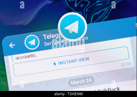 New york, USA - april 8, 2019: Telegram messenger application on digital screen macro close up view Stock Photo