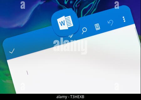 New york, USA - april 8, 2019: New word office document in  application on digital screen macro close up view Stock Photo