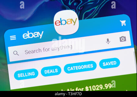 New york, USA - april 8, 2019: Ebay shopping application on digital screen macro close up view Stock Photo