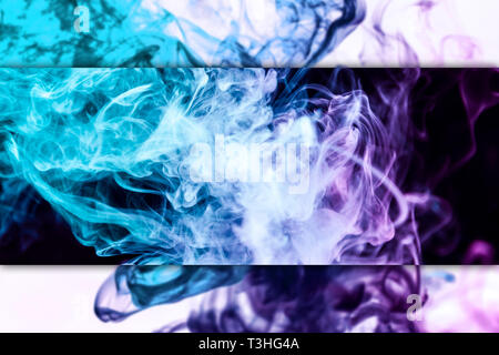 Frozen abstract movement of  explosion pink and blue  smoke multiple colors on black and white background. Background from the smoke of vape Stock Photo
