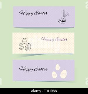 Delicate easter covers with rabbit and dotted patterns. Hares, eggs and points. Lilac, beige background. Set Vector illustration for blog design, sale Stock Vector