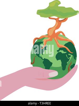 hand holding world with tree happy earth day vector illustration Stock ...