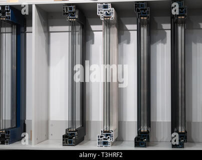 modern aluminum and plastic window frames at diy hardware store Stock Photo