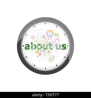 Text About Us on digital background. Information concept . Set of modern flat design concept icons for internet marketing. Clock isolated on white bac Stock Photo