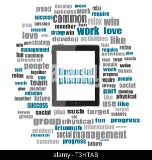 business concept. words financial planning . Word collage with tablet pc Stock Photo