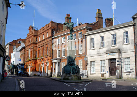 Lewes High Street, East Sussex, UK, showing Lewes Town Hall, war memorial and Barclays Bank. Stock Photo