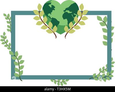 world shaped a heart branches frame leaves earth day vector illustration Stock Vector