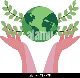 hands holding world with leaves happy earth day vector illustration Stock Vector