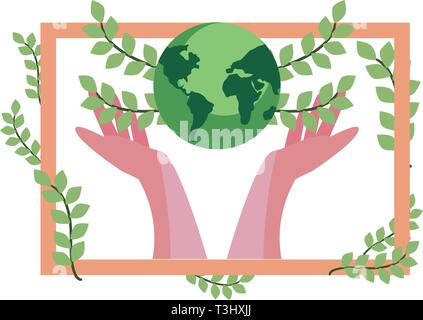 hands holding world with frame leaves earth day vector illustration Stock Vector