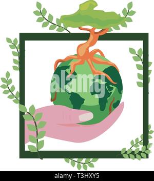 hand holding world with tree frame leaves earth day vector illustration Stock Vector