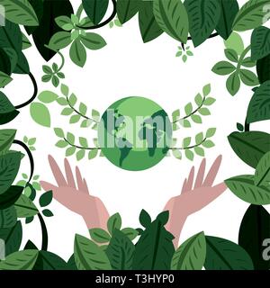 hands with world with leaves foliage earth day vector illustration Stock Vector