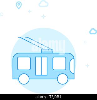 Trolleybus, Trackless Trolley Flat Vector Icon. City, Urban, Public Transport Illustration. Light Flat Style. Blue Monochrome Design. Editable Stroke. Stock Vector