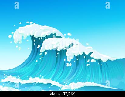 Big sea or ocean wave with splashes and white foam, seascape Stock Vector