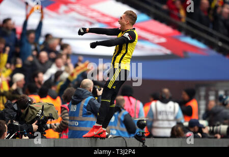 Watford's Gerard Deulofeu celebrates after Watford's Troy Deeney (not pictured) scores his side's second goal of the game from the penalty spot during the FA Cup semi final match at Wembley Stadium, London. Stock Photo