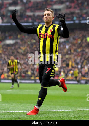 Watford's Gerard Deulofeu celebrates scoring his side's third goal of the game during the FA Cup semi final match at Wembley Stadium, London. Stock Photo