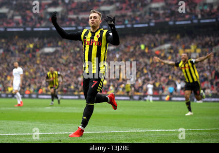 Watford's Gerard Deulofeu celebrates scoring his side's third goal of the game during the FA Cup semi final match at Wembley Stadium, London. Stock Photo