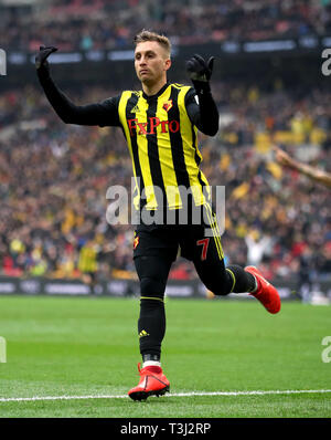 Watford's Gerard Deulofeu celebrates scoring his side's third goal of the game during the FA Cup semi final match at Wembley Stadium, London. Stock Photo