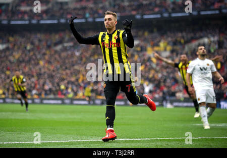 Watford's Gerard Deulofeu celebrates scoring his side's third goal of the game during the FA Cup semi final match at Wembley Stadium, London. Stock Photo