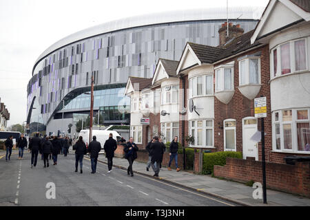 General view of the stadium as fans arrive for the UEFA Champions League quarter final, first leg match at Tottenham Hotspur Stadium, London. Stock Photo