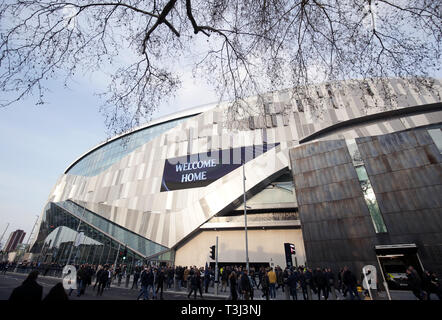 General view of the stadium as fans arrive for the UEFA Champions League quarter final, first leg match at Tottenham Hotspur Stadium, London. Stock Photo