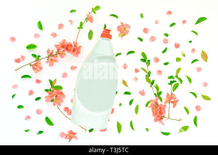 Liquid dish soap bottle mock up with springtime floral decoration