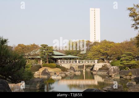 The Peace Tower as seen from the Japanese Garden in Daisen park in Sakai City, Osaka, Japan. Stock Photo
