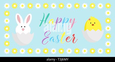 Cute cartoon Happy Easter chicken bird, bunny.Easter egg hunt poster vector. Stock Vector