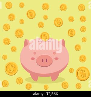 Piggy Bank Savings Surrounded by Coin Money in Yellow Background Stock Vector