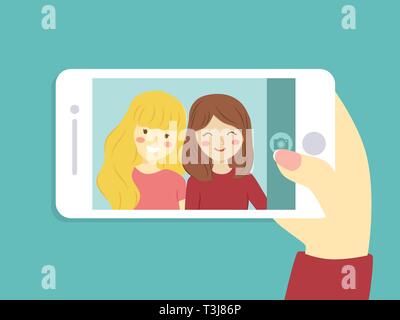 Vector illustration of two girls take a selfie picture with smart phone. Stock Vector