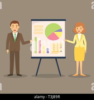 Illustration of businessman and businesswoman giving presentation with business graph on big screen board on dark background. Stock Vector