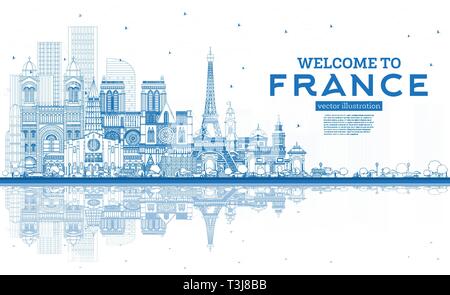 Outline Welcome to France Skyline with Blue Buildings. Vector Illustration. Tourism Concept with Historic Architecture. France Cityscape. Stock Vector