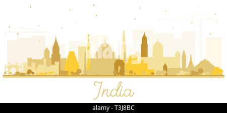 India City Skyline Silhouette with Golden Buildings Isolated on White. Delhi. Mumbai, Bangalore, Chennai. Vector Illustration. Historic Architecture.  Stock Vector