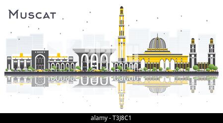 Muscat Oman City Skyline with Gray Buildings and Reflections Isolated on White Background. Vector Illustration. Tourism Concept with Modern Buildings. Stock Vector