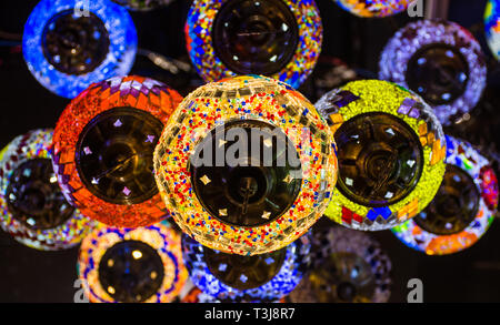 colorful ceiling lights traditional Turkish Hanging Crystal type Lamp a shot from Dubai Spice and gold souk famous place in Dubai Stock Photo