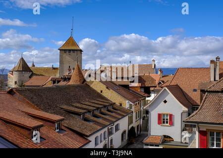 View of the roofs of the historic Old Town, Murten, Canton Fribourg, Switzerland Stock Photo
