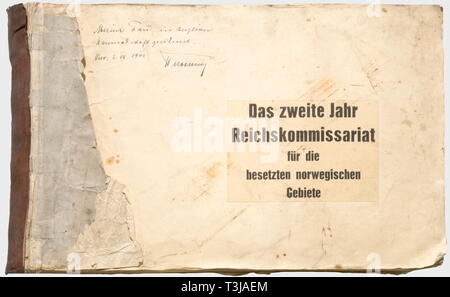 Gauleiter Josef Terboven (1898 -1945), a picture book, 'Das zweite Jahr Reichskommisariat für die besetzten norwegischen Gebiete' A large format, picture book with a dedication in ink on the flyleaf 'Meiner Frau in herzlicher Kameradschaft gewidmet. Oslo 2. VII. 1942 - Terboven' (Dedicated to my wife in sincerest friendship. Oslo 2 July 1942 - Terboven). About 90 pages of large format photographs concerning political events, for example, the Najsonal Samling, Quisling's speeches, appointment of the ministers, the union strike, 'Viktoria-Aktion' etc., but also of troop enter, Editorial-Use-Only Stock Photo