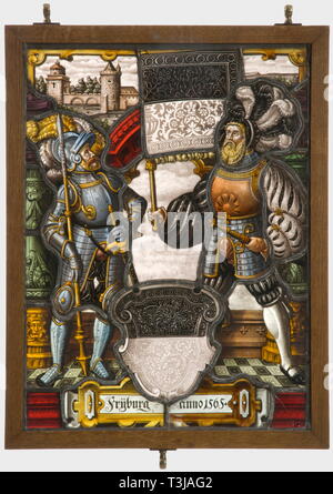 A pair of leaded glass panels displaying coats of arms, Germany or Switzerland, 2nd half of the 19th century Lavishly crafted leaded glass panels with fine 'Schwarzlot'-painting on glass of varying colours in the style of the 16th century. Central coat of arms shields of the Cities of Zurich and Freiburg, each flanked by the standing figure of a Landsknecht. Architectural setting in the background. One panel dated '1565'. Both panels are signed 'J' with a crown. In wooden frames provided with brass suspension rings. Dimensions of each 46 x 36 cm., Additional-Rights-Clearance-Info-Not-Available Stock Photo