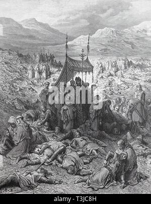 The Siege of Antioch during the First Crusade in 1097 and 1098, burial of the dead soldiers after the battle, historical illustration, 1880, Germany Stock Photo