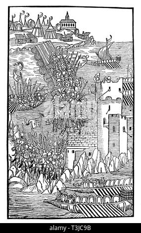 Scene from the siege of Rhodes, Greece, 1480, historical illustration, 1880, Greece Stock Photo