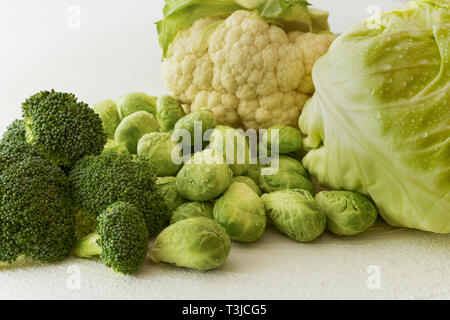 Brussels Sprouts, Cauliflower, Broccoli and Green Cabbage on White Background Close Up Stock Photo