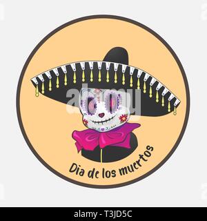 Dia de Los Muertos the day of the dead a vector illustration shows a cute dead character on a round background the one wears a hat sombrero. Stock Vector