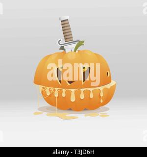 Orange pumpkin is on a white background was divided into two pieces by a big knife and flowing slime. The knife holds two half of pumpkins. Stock Vector