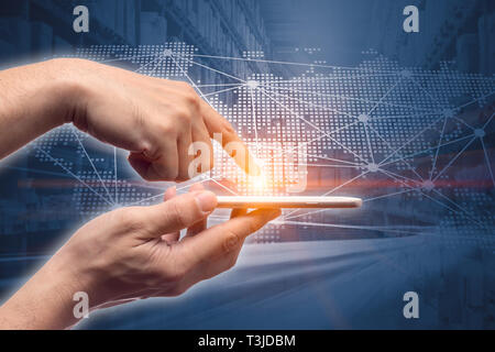 hand touch smartphone future world business connection logistic apps concept Stock Photo