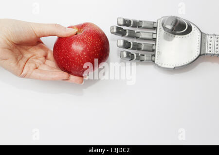 Robot and man. The hand of a real man gives the robot a red apple. Modern technology and robotics. Robots and people nearby. Concept. Stock Photo